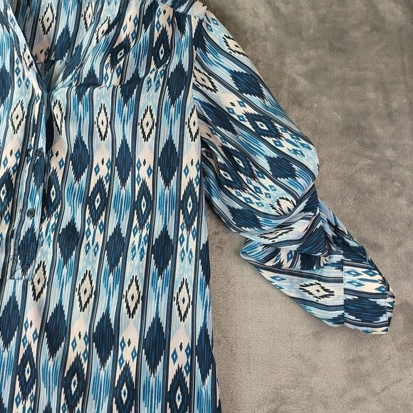 Chelsea Violet Womens Tunic Dress M Blue Ikat Roll Tab Sleeve Hi Low Boho Casual - Picture 5 of 11